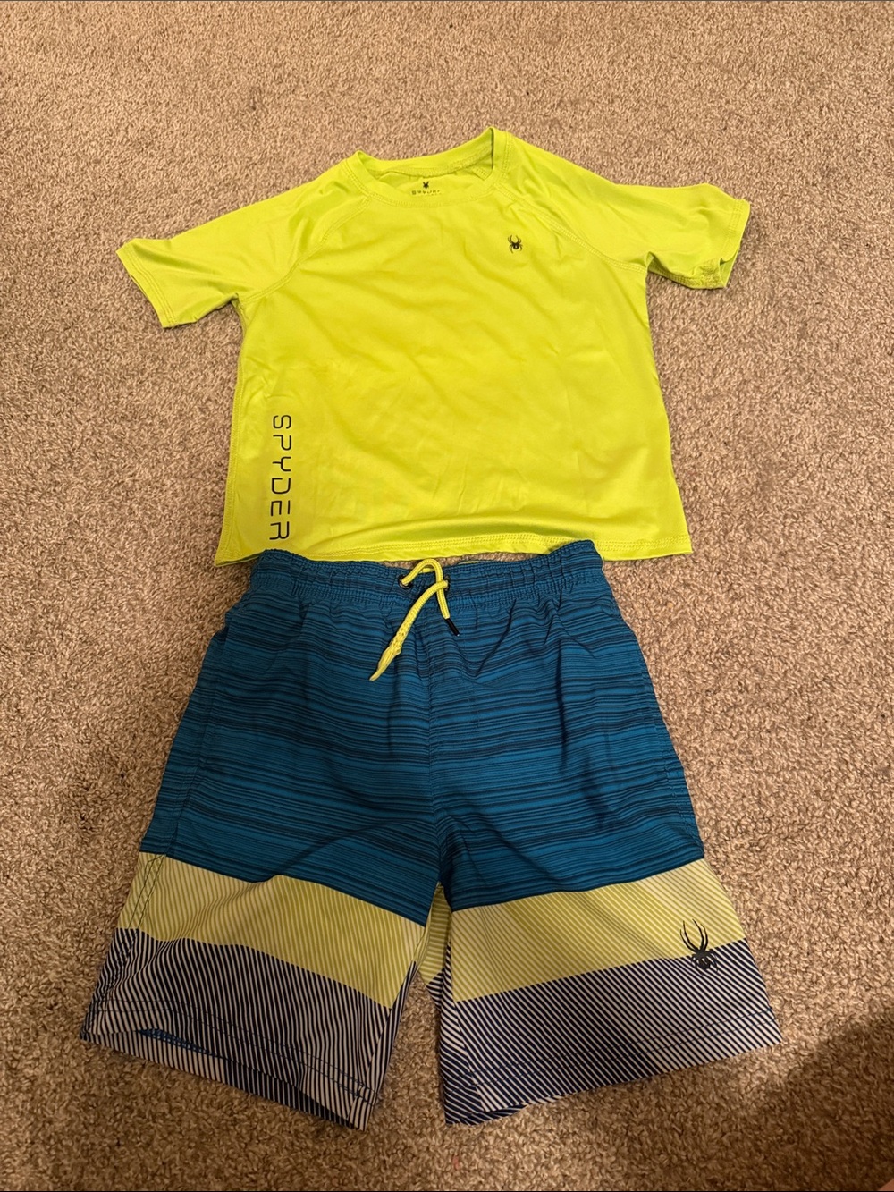 2/$25 Spyder Neon Yellow/Green swim shirt with Blue Striped Swim Shorts